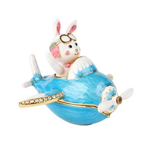 Furuida Airplane and Captain Rabbit Trinket Boxes Hinged Enamel Hand-Painted Animals Ornaments Unique Gift for Home Decor