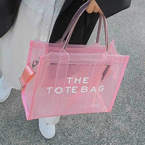 JQAliMOVV Clear Tote Bag for Women - Large PVC Transparent the Tote Bag See Through Shoulder Crossbody Bag Handbag for Travel Beach (Pink)