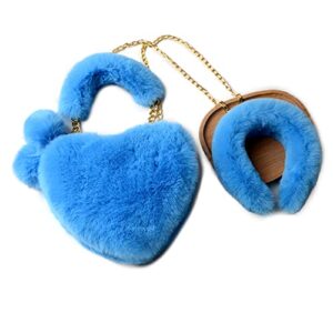 Rejolly Furry Purse with Headband for Girls Heart Shaped Valentine's Day Fluffy Faux Fur Handbag for Women Soft Small Shoulder Bag Blue