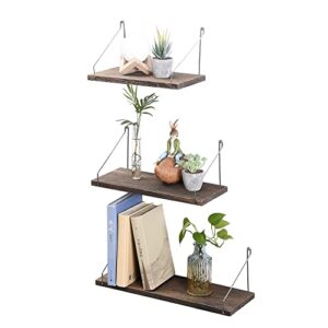 Floating Shelves Rustic Solid Wood Floating Shelf Wall Storage Shelves, Rustic Wall Shelf with Wire Hanging Brackets ,Set of 3 (11in + 13.5in + 17in, Dark Brown)