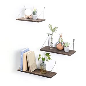 Floating Shelves Rustic Solid Wood Floating Shelf Wall Storage Shelves, Rustic Wall Shelf with Wire Hanging Brackets ,Set of 3 (11in + 13.5in + 17in, Dark Brown)