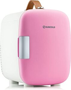 subcold pro4 luxury mini fridge cooler 4 litre / 6 cans ac & exclusive usb eco power option | portable small refrigerator for the office, bedroom, car, travel, skincare & cosmetic (pink)