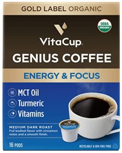 vitacup usda organic genius keto coffee pods, gold label, increase energy & focus with mct oil, turmeric, b vitamins, d3, recyclable single serve pod compatible with keurig k-cup brewers,16 ct