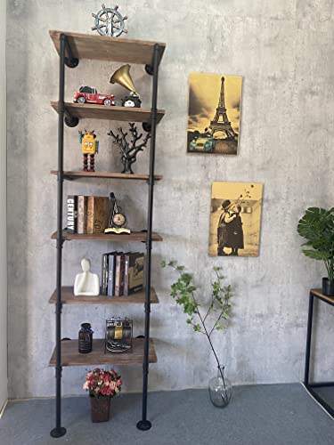 Industrial Pipe Shelving Solid Wood 6-Tier Pipe Shelves 24 inch Ladder Pipe Tall Bookshelf Industrial Floating Wall Shelves for Wall Decor 30 inch Depth Storage Rustic Shelves for Living Room Kitchen