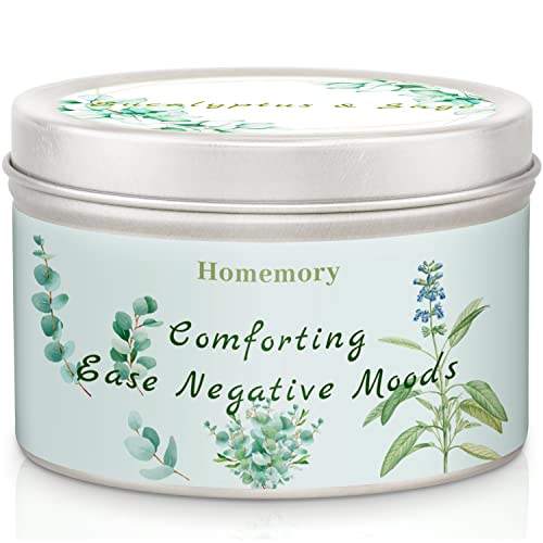 Homemory Eucalyptus & Sage Scented Candles, Candles for Home Scented, Stress Relief Candles for Cleansing Negative Energy, Natural Soy Candles, Aromatherapy Candles Eucalyptus, Soy Tin Candle 6oz 