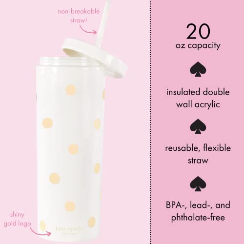 Kate Spade New York Insulated Tumbler with Reusable Straw, 20 Ounce Acrylic Travel Cup with Lid, Gold Dot with Script