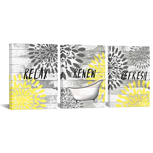 3 Pieces Yellow Relax Bathroom Wall Art Prints Dahlia Flowers Relax Refresh Renew Signs on Rustic Wood Background Stretched and Framed Canvas Pictures For Bedroom Living Room Ready To Hang Each Panel 12x16inch (Small)