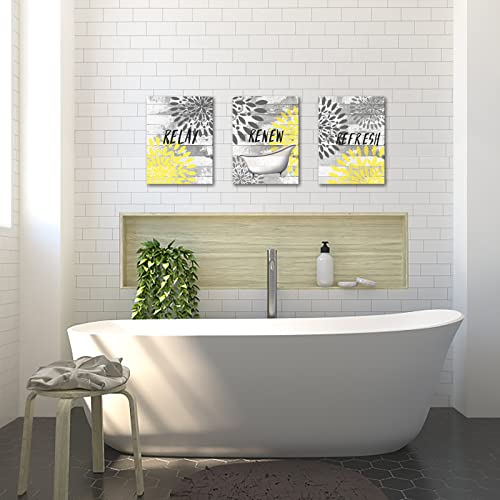 3 Pieces Yellow Relax Bathroom Wall Art Prints Dahlia Flowers Relax Refresh Renew Signs on Rustic Wood Background Stretched and Framed Canvas Pictures For Bedroom Living Room Ready To Hang Each Panel 12x16inch (Small)