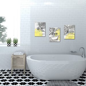 3 Pieces Yellow Relax Bathroom Wall Art Prints Dahlia Flowers Relax Refresh Renew Signs on Rustic Wood Background Stretched and Framed Canvas Pictures For Bedroom Living Room Ready To Hang Each Panel 12x16inch (Small)