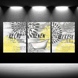 3 Pieces Yellow Relax Bathroom Wall Art Prints Dahlia Flowers Relax Refresh Renew Signs on Rustic Wood Background Stretched and Framed Canvas Pictures For Bedroom Living Room Ready To Hang Each Panel 12x16inch (Small)