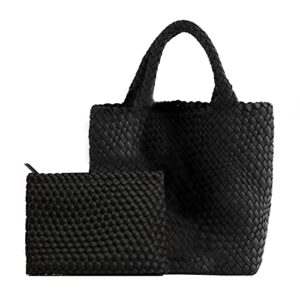 fashion hobo bag handmade woven casual female handbag large capacity neoprene tote bag patchwork women shoulder bags (black)