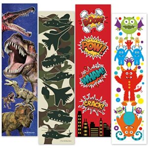 48 bookmarks for boys (dinosaur, military camo, monsters, superhero) bulk variety teacher supply pack – birthday party favors – student prizes – teacher rewards – reading incentives – school store