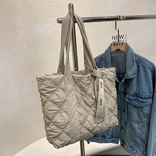 LuckSeed Utility Tote Bag Nylon Cotton Casual Handbags Fashion Shoulder Bags for Women with Zipper, Beige