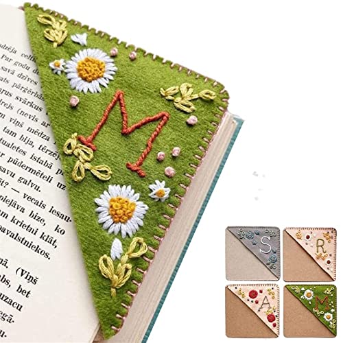 Personalized Hand Embroidered Corner Bookmark,26 Letters Hand Stitched Felt Corner Bookmarks,Flower Letter Embroidery Bookmarks for Book Lovers (Summer,R)