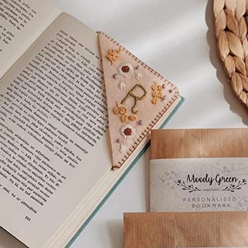 Personalized Hand Embroidered Corner Bookmark,26 Letters Hand Stitched Felt Corner Bookmarks,Flower Letter Embroidery Bookmarks for Book Lovers (Summer,R)