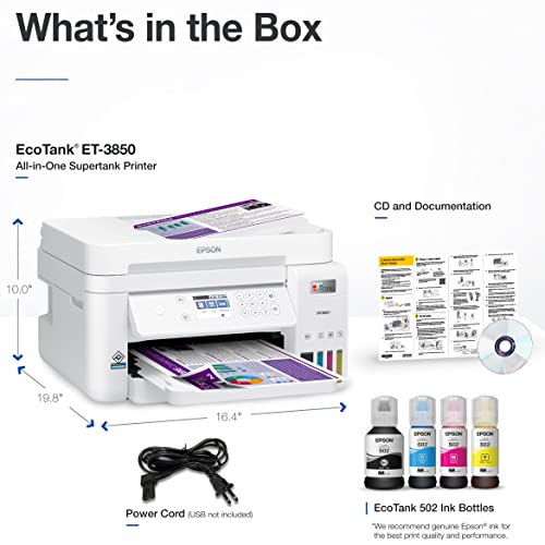 Epson EcoTank ET-3850 Supertank All-in-One Wireless Color Inkjet Printer - Print Scan Copy - 2.4" LCD, 15.5 ppm, 4800 x 1200 dpi, 30-Sheet ADF, Auto 2-Sided Printing, Voice Activated, Ethernet