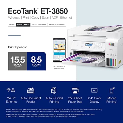 Epson EcoTank ET-3850 Supertank All-in-One Wireless Color Inkjet Printer - Print Scan Copy - 2.4" LCD, 15.5 ppm, 4800 x 1200 dpi, 30-Sheet ADF, Auto 2-Sided Printing, Voice Activated, Ethernet