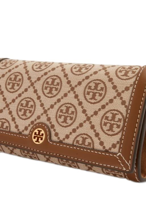 Tory Burch Women's T Monogram Jacquard Wallet Crossbody, Hazel, Tan, Print, One Size