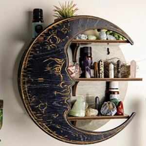 wall mounted crystal display moon shelf, moon phase hippie celestial decor wall decor wood shelves for living room