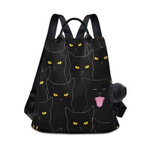black cats print casual backpack for women, fashion anti theft school travel backpack purse full print aesthetic with fuzz ball key chain, 13.4 × 5.9 × 15 inch