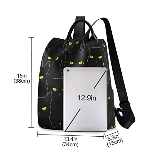 Black Cats Print Casual Backpack for Women, Fashion Anti Theft School Travel Backpack Purse Full print Aesthetic with Fuzz Ball Key Chain, 13.4 × 5.9 × 15 inch