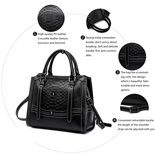 JESSWOKO Black Crocodile Pattern Vegan Leather Handbag Purse for Women Fashion Ladies Shoulder Bag 3 Ways Crossbody Totes Bag