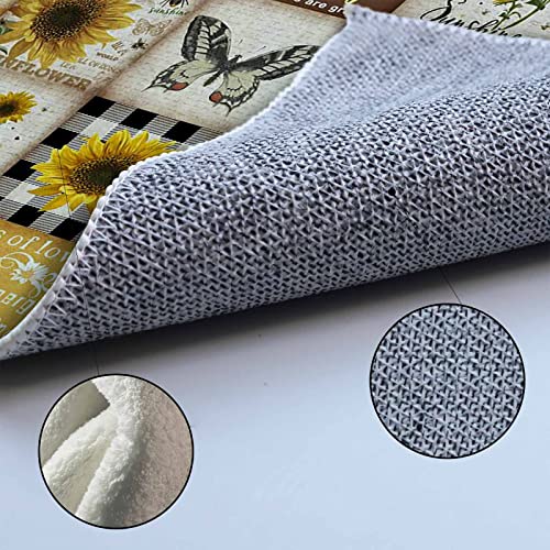 Shag Rugs Indoor Doormat Retro Yellow Sunflower Bee Butterfly Non Slip Floor Doormats Carpet American Pastoral Gingham Fluffy Kitchen Floor Rugs Pad Welcome Carpets for Bathroom Bedroom Entryway