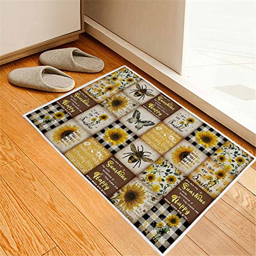 Shag Rugs Indoor Doormat Retro Yellow Sunflower Bee Butterfly Non Slip Floor Doormats Carpet American Pastoral Gingham Fluffy Kitchen Floor Rugs Pad Welcome Carpets for Bathroom Bedroom Entryway