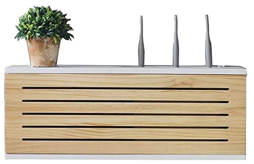 Solid Wood Network Set-Top Box, Wall Mounted Wooden Wireless Wifi Router Storage Box Power Strip and Cable Management Hider Rack Socket Shielding Wire Finishing Wire Box Floating Shelf 40CM