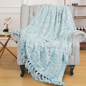 bytide multicolored chenille knitted throw soft cozy fluffy reversible boho plaid throw blanket with tassels for couch chair bed cover living room bedroom décor, 50″ x 60″, light blue