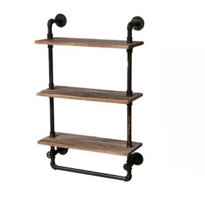 nultuvalk floating shelving with wood, antique wood shelving with towel rail, bathroom industrial pipe rack, wall mounted 24″ living room farmhouse (vintage gold, 3tier)