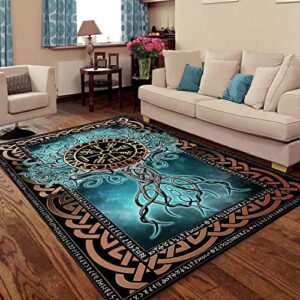 living room rug – 5′ x 8′ rug – viking gifts for men – bedroom dinning room rug – tree of life norse decor vikings blue area rug – rug for bedroom aesthetic