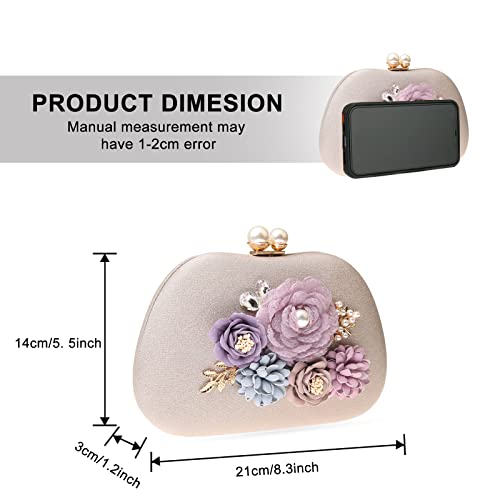 Rkrouco Evening Bag for Women, Flower Wedding Evening Clutch Purse Satin Floral Clutch Bag-Champagne