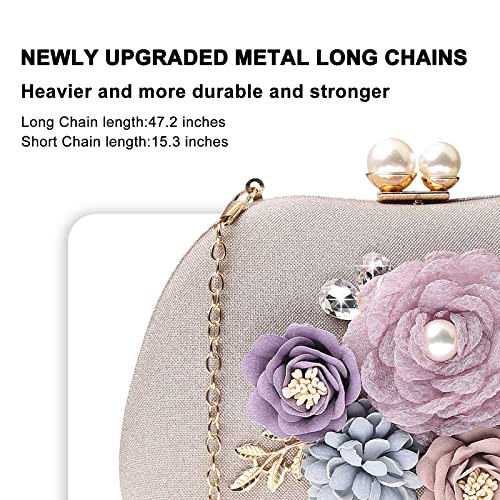 Rkrouco Evening Bag for Women, Flower Wedding Evening Clutch Purse Satin Floral Clutch Bag-Champagne