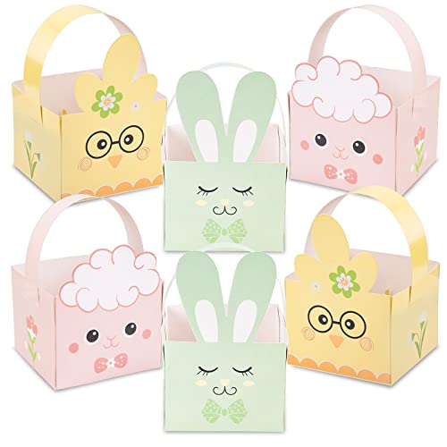 Whaline 24 Pack Easter Treat Boxes with Handle Easter Rabbit Bunny Chick Lamb DIY Basket Containers Cute Animal Style Candy Cookie Goodie Gift Holder Box for School Classroom Party Favor Supplies