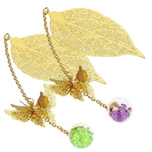 ZIZZON Metal Leaf Bookmark with 3D Butterfly Pendant Christmas Thanksgiving Unique Gift for Book Lover Teacher Women and Girls 2 Pack