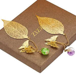 ZIZZON Metal Leaf Bookmark with 3D Butterfly Pendant Christmas Thanksgiving Unique Gift for Book Lover Teacher Women and Girls 2 Pack