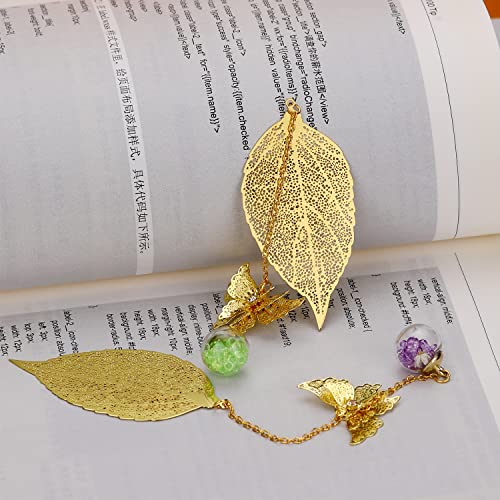 ZIZZON Metal Leaf Bookmark with 3D Butterfly Pendant Christmas Thanksgiving Unique Gift for Book Lover Teacher Women and Girls 2 Pack