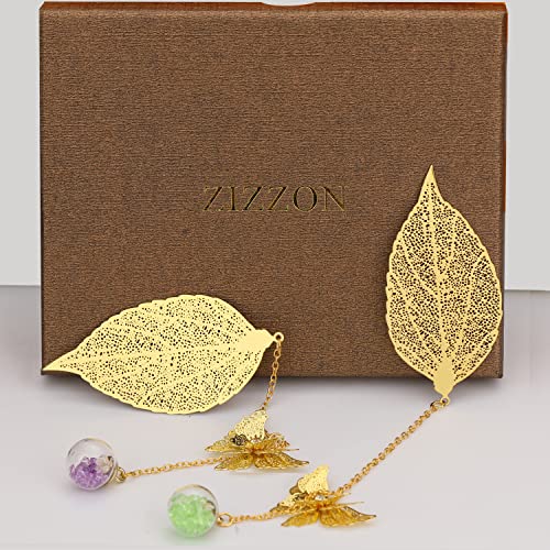 ZIZZON Metal Leaf Bookmark with 3D Butterfly Pendant Christmas Thanksgiving Unique Gift for Book Lover Teacher Women and Girls 2 Pack