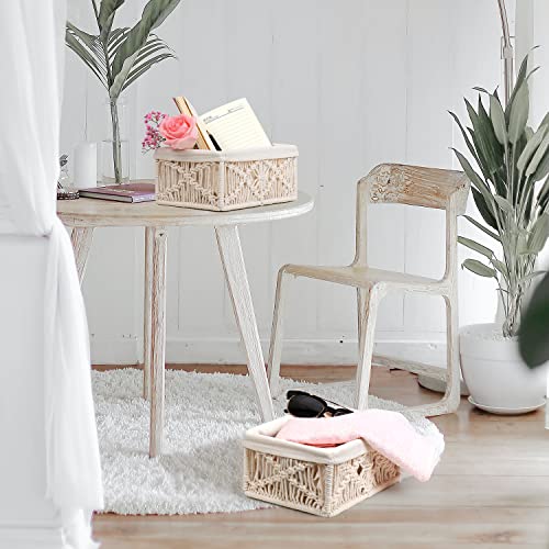 Macrame Storage Baskets, Decorative Hand Woven Boho Baskets, Boho Decor, Organizer for Bedroom Nursery Living Room, Room Decor, Removable Cloth Liner, Washable, Beige Set of 2, L: 7,87’’ x W: 5,91’’ x H: 3,54’’