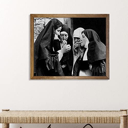 Vintage Funny Nuns Wall Art - Retro Humorous Room Decor - Black and White Decor for Bathroom, Kitchen, Bar, Dorm, Home Office - Cheap Gag Gifts for Women - Cool Edgy Indie Poster Photo Picture 8x10"