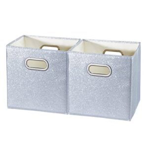 anminy 2 pcs glitter storage cubes shiny sparkly foldable storage basket bin box set with handles collapsible decorative large fabric desktop closet shelf organizer container – 11x 11x 11 in, silver