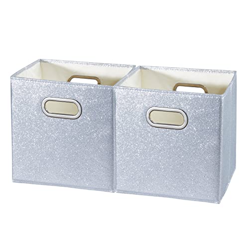 ANMINY 2 PCS Glitter Storage Cubes Shiny Sparkly Foldable Storage Basket Bin Box Set with Handles Collapsible Decorative Large Fabric Desktop Closet Shelf Organizer Container - 11x 11x 11 in, Silver