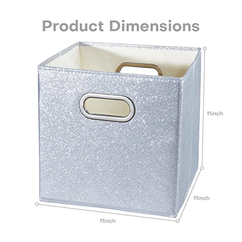 ANMINY 2 PCS Glitter Storage Cubes Shiny Sparkly Foldable Storage Basket Bin Box Set with Handles Collapsible Decorative Large Fabric Desktop Closet Shelf Organizer Container - 11x 11x 11 in, Silver