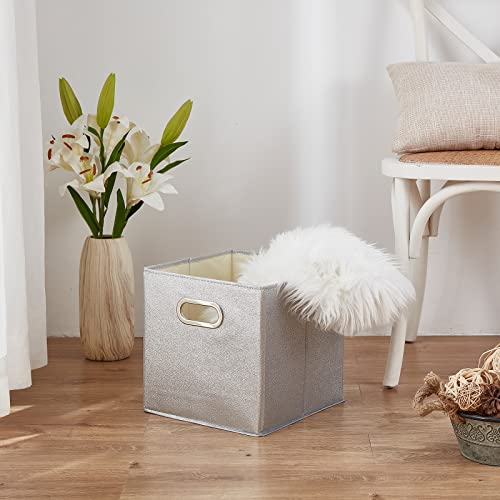 ANMINY 2 PCS Glitter Storage Cubes Shiny Sparkly Foldable Storage Basket Bin Box Set with Handles Collapsible Decorative Large Fabric Desktop Closet Shelf Organizer Container - 11x 11x 11 in, Silver