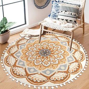 uphome round rug 4ft yellow circle boho rug with pom pom fringe non-slip washable living room rug soft cute blooming mandala throw rug for kid’s room bedroom entryway nursery