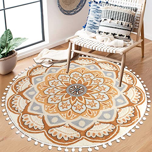 Uphome Round Rug 4ft Yellow Circle Boho Rug with Pom Pom Fringe Non-Slip Washable Living Room Rug Soft Cute Blooming Mandala Throw Rug for Kid's Room Bedroom Entryway Nursery