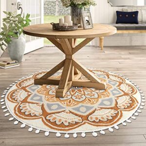 Uphome Round Rug 4ft Yellow Circle Boho Rug with Pom Pom Fringe Non-Slip Washable Living Room Rug Soft Cute Blooming Mandala Throw Rug for Kid's Room Bedroom Entryway Nursery