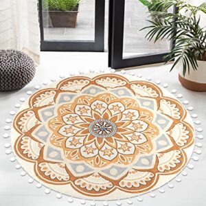 Uphome Round Rug 4ft Yellow Circle Boho Rug with Pom Pom Fringe Non-Slip Washable Living Room Rug Soft Cute Blooming Mandala Throw Rug for Kid's Room Bedroom Entryway Nursery