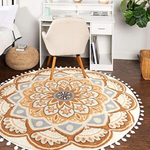 Uphome Round Rug 4ft Yellow Circle Boho Rug with Pom Pom Fringe Non-Slip Washable Living Room Rug Soft Cute Blooming Mandala Throw Rug for Kid's Room Bedroom Entryway Nursery
